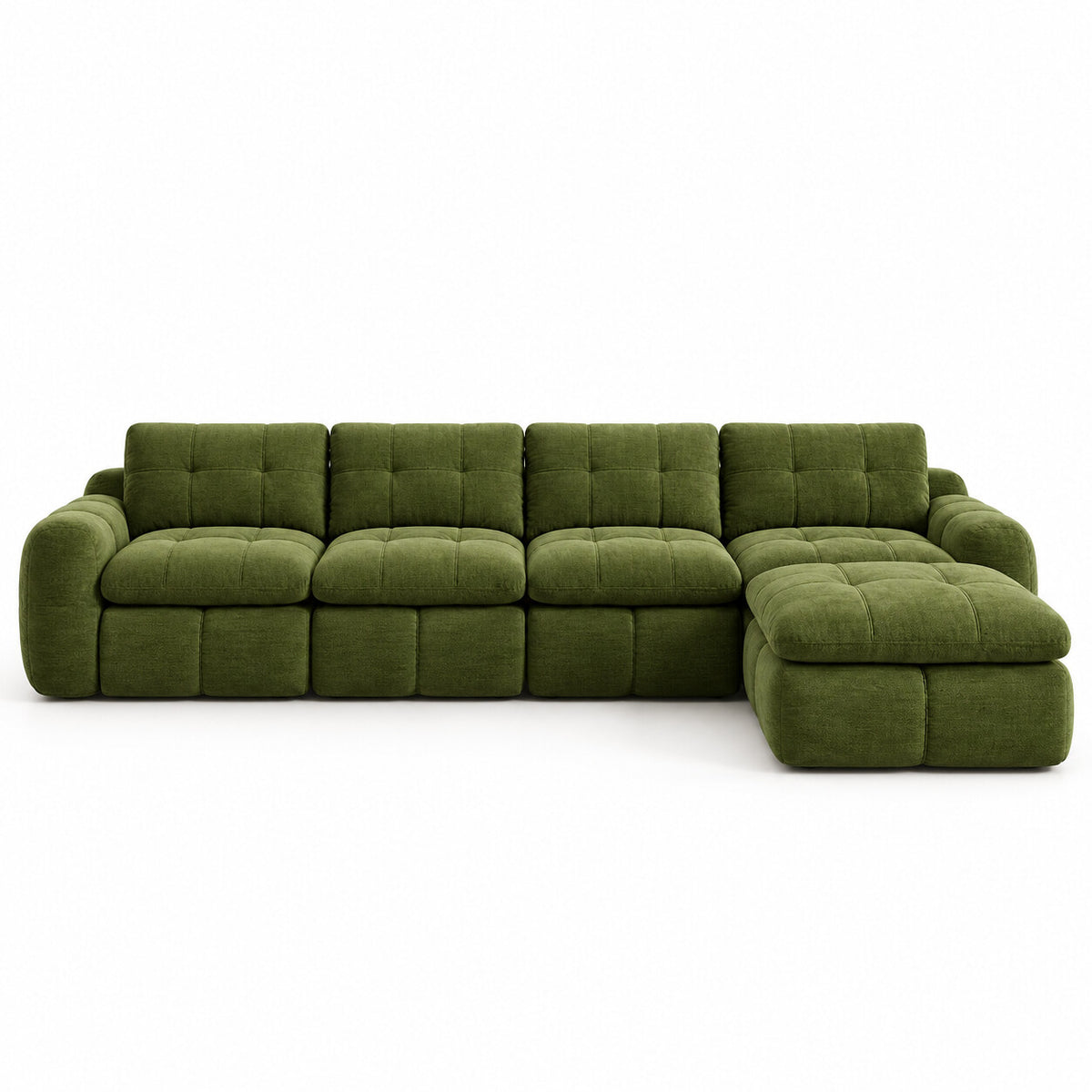 Canapé modulable Ronda 4 places vert olive avec pouf, vue de face