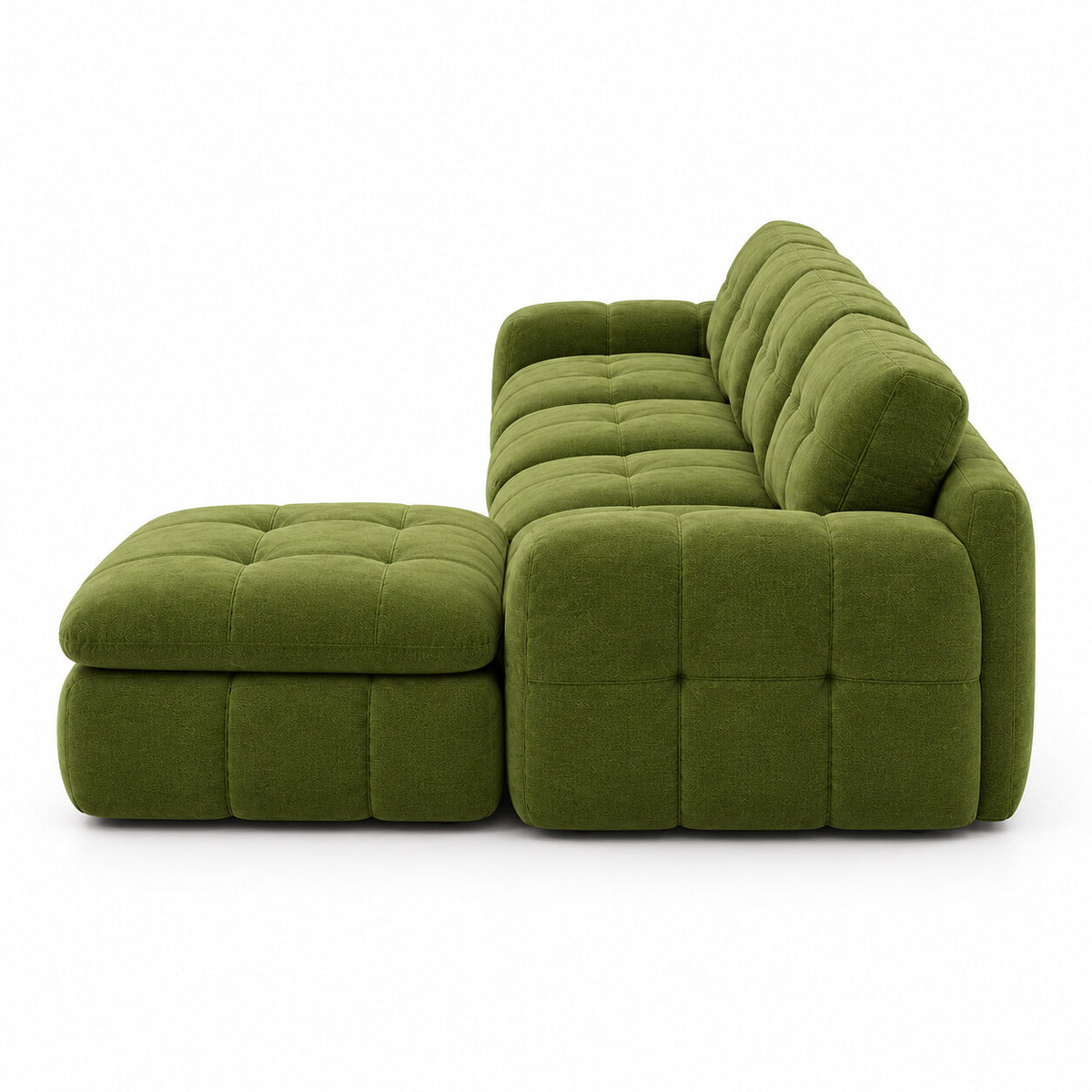 Canapé modulable Ronda 4 places vert olive avec pouf, vue de profil