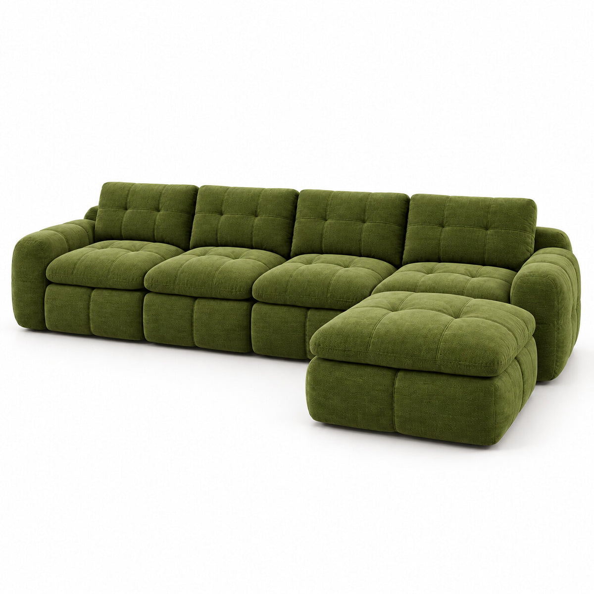 Canapé modulable Ronda 4 places vert olive avec pouf, vue trois quarts