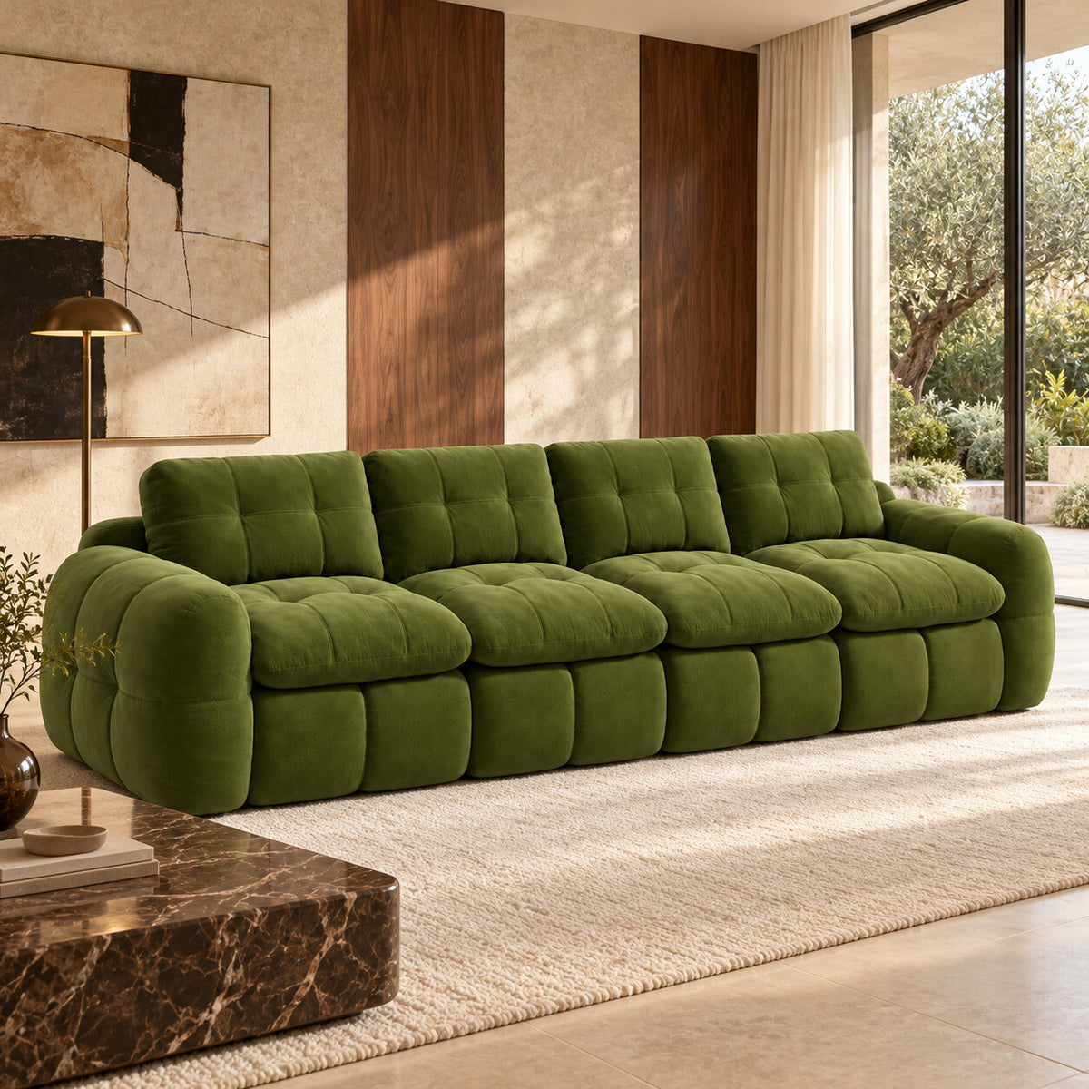 Canapé modulable Ronda 4 places vert olive en situation dans un salon