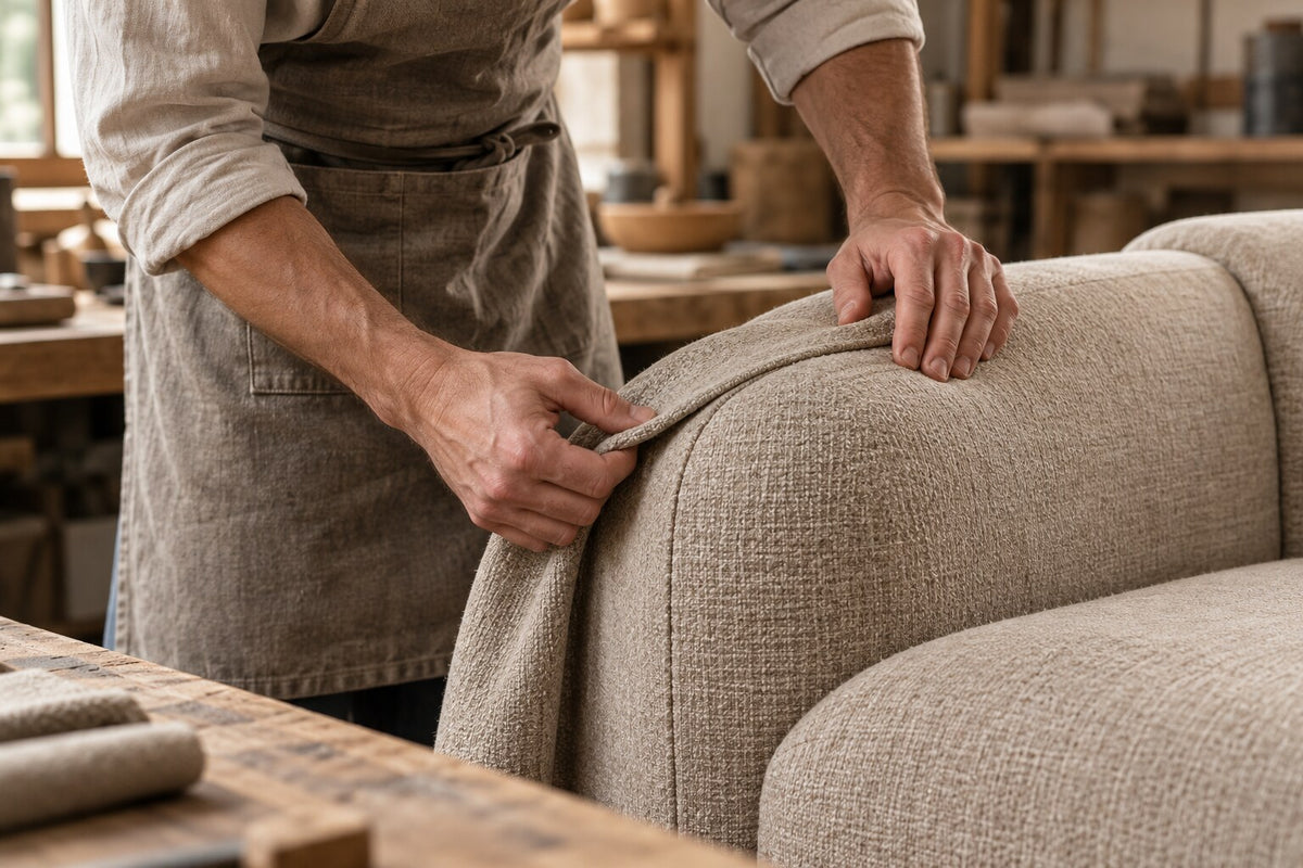 Artisan tapissier en tablier ajustant à la main le tissu d'un canapé dans son atelier