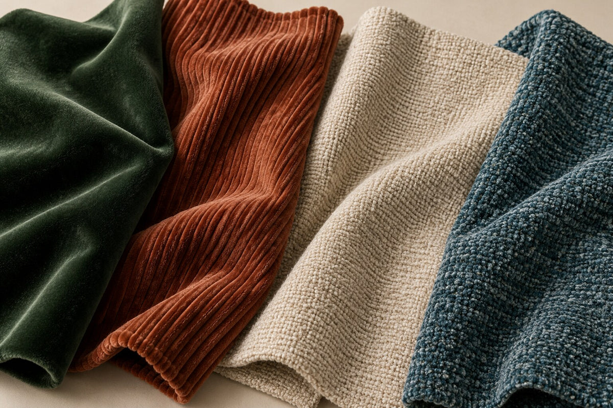 Quatre tissus d'ameublement pliés : velours vert, velours côtelé terracotta, chenille écrue et bouclette bleue