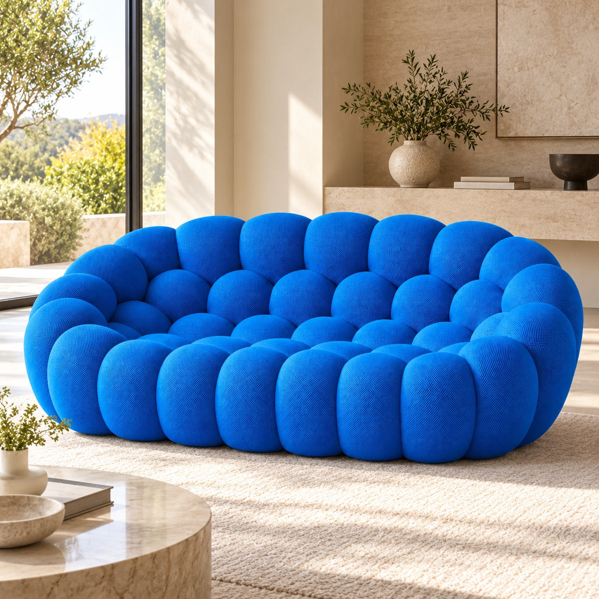 Canapé Séville en tissu texturé bleu en situation dans un salon